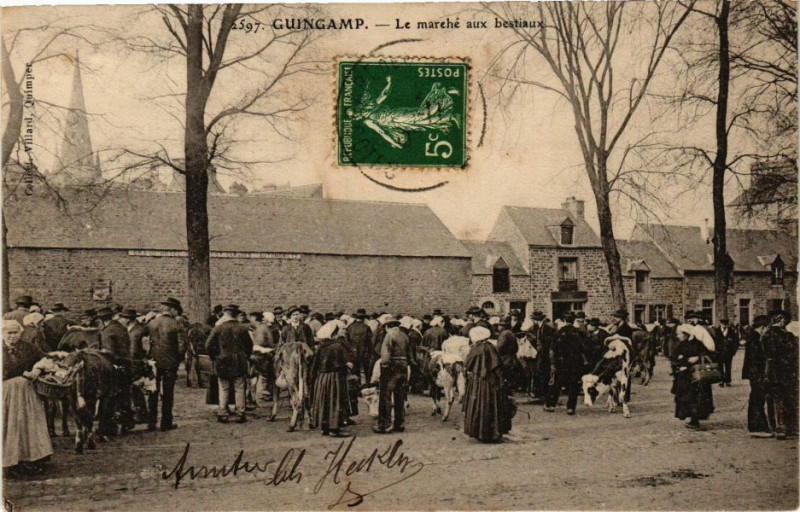 Carte postale ancienne Guingamp - Le marché aux bestiaux à Guingamp