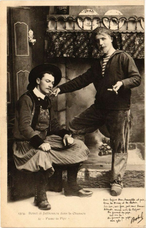Carte postale ancienne Botrel et Jaffrenneu dans la Chanson de Fume la Pipe
