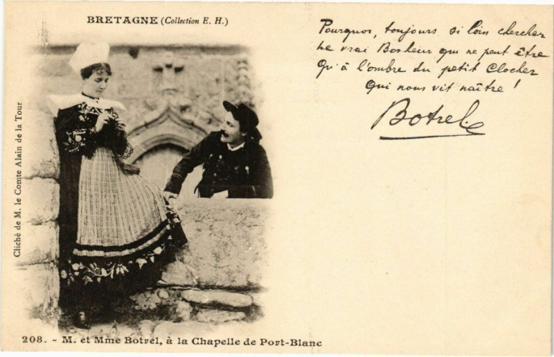 Carte postale ancienne Bretagne - M. et Mme Botrel a la Chapelle de Port Blanc
