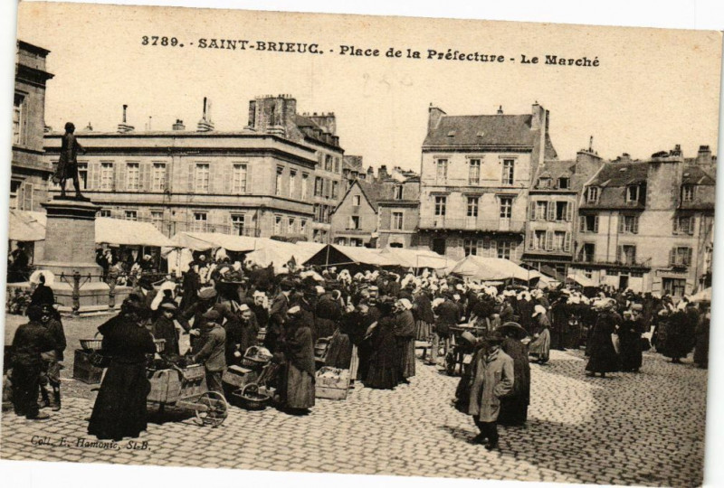 Carte postale ancienne Saint-Brieuc-Place de la Préfecture-Le Marché à Saint-Brieuc