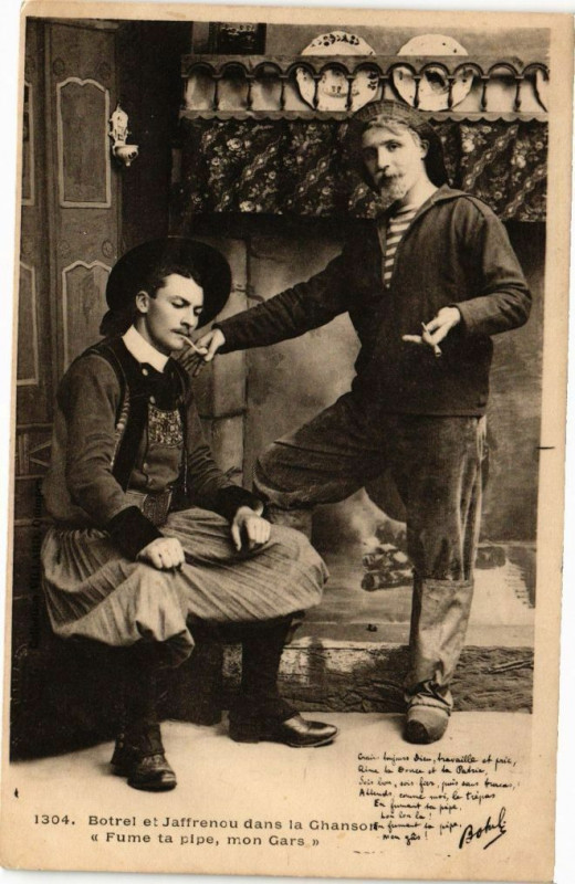 Carte postale ancienne Botrel et Jaffrenou dans la Chanson 'Fume ta pipe mon Gras'