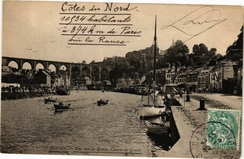 Carte postale ancienne Dinan - Vue sur la Rance-Course de Canots à Dinan