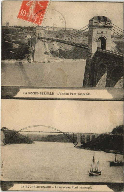 Carte postale ancienne La Roche-Bernard - L'ancien Pont suspendu - Le noveau Pont suspendu à La Roche-Bernard