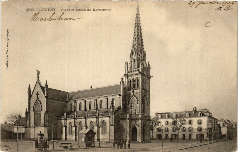 Carte postale ancienne Lorient - Place et Eglise de Kerentrech à Lorient
