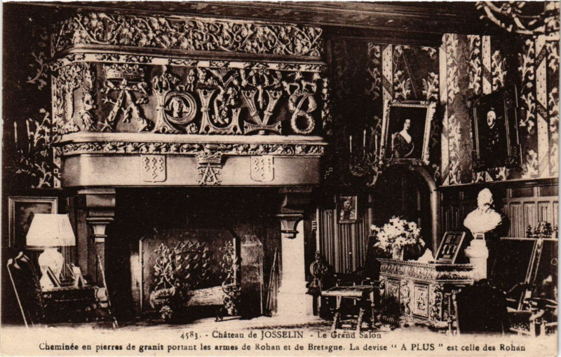 Carte postale ancienne Chateau de Josselin - Le Grand Salon - Cheminée en pierres de à Josselin