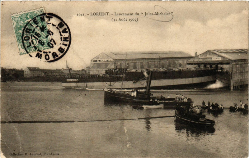 Carte postale ancienne Lorient - Lancement du Jules-MICHELet (31 Aout 1905) à Lorient