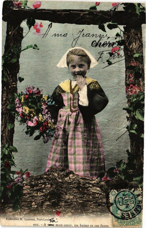 Carte postale ancienne A dans mon coeur un baiser et ces fleurs