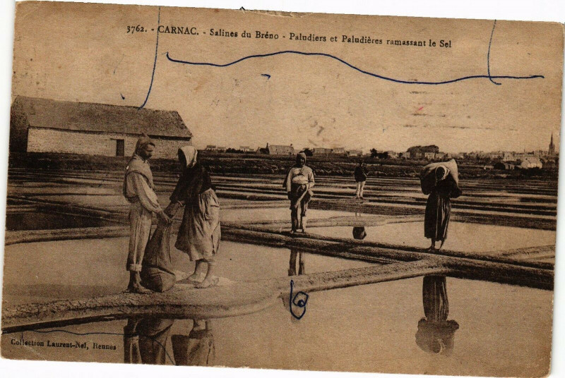 Carte postale ancienne Carnac - Salines du Brenc-PALUDiers et Paludieres ramassant le Sel à Carnac