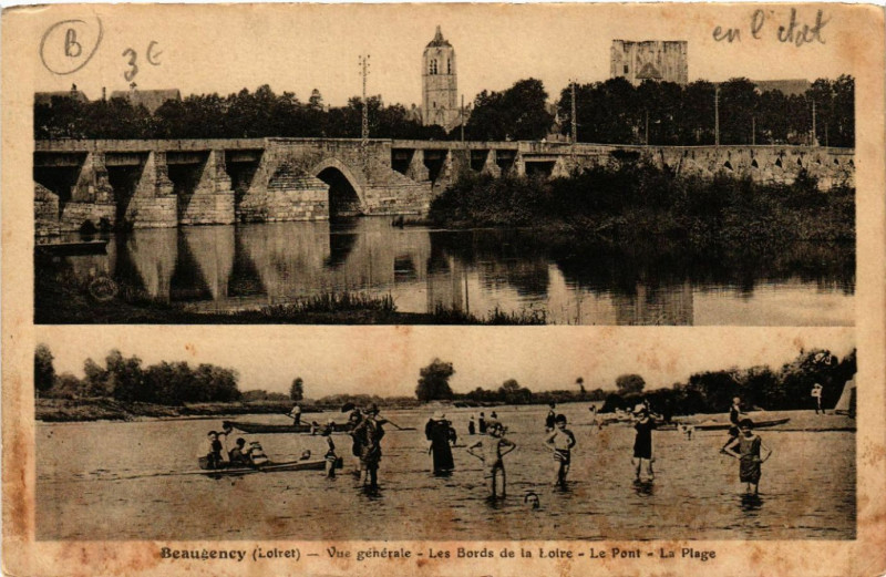 Carte postale ancienne Beaugency - Vue générale - Le Pont - La Plage à Beaugency