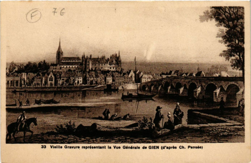 Carte postale ancienne Gien - Vieille Gravure representant la Vue générale de Gien à Gien