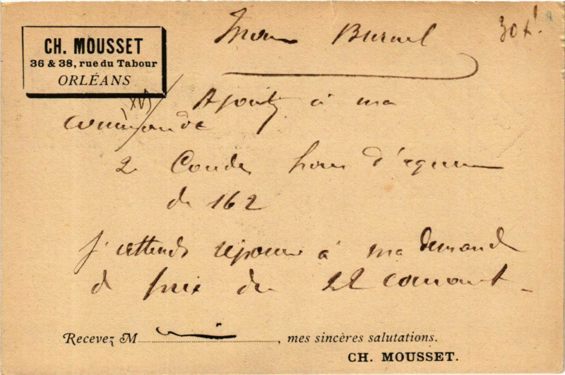 Carte postale ancienne Orleans 36 et 38 rue du Tabour Ch. Mousset à Orléans