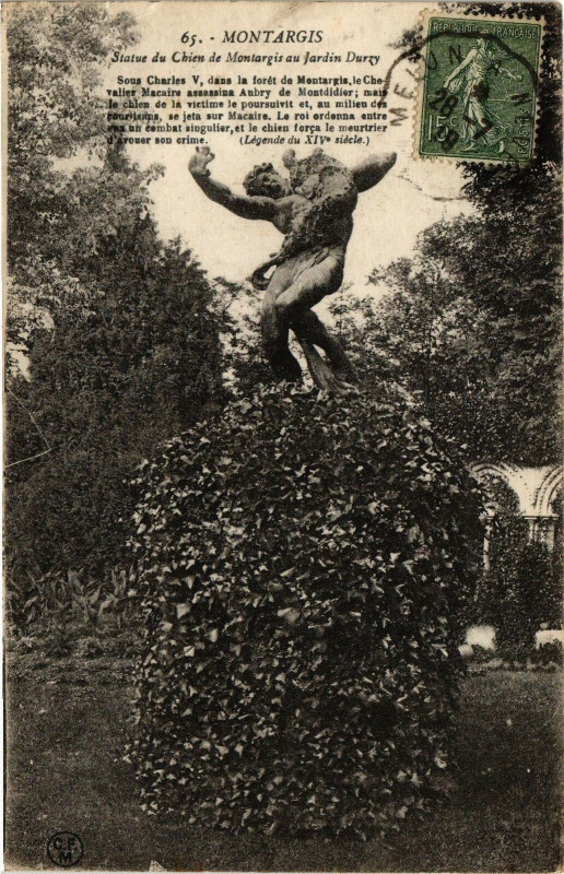 Carte postale ancienne Montargis - Statue du Chien de Montargis au Jardin Durzy à Montargis
