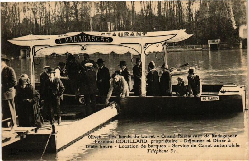 Carte postale ancienne Olivet - Restaurant de Madagascar - service de Canot automobile à Olivet
