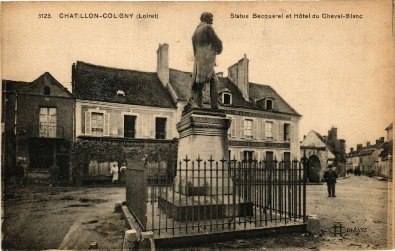 Carte postale ancienne Chatillon-Coligny-Statue Becquerel et Hotel du Cheval-Blanc