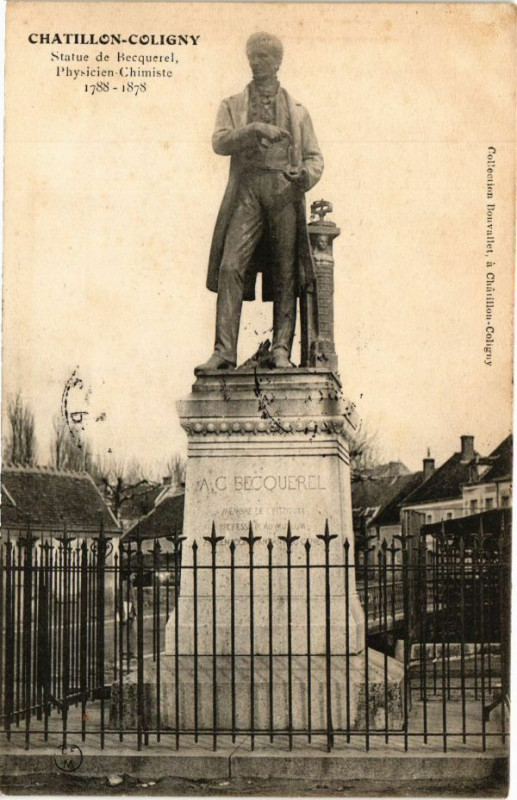 Carte postale ancienne Chatillon Coligny Statue de Becquerel Physicien Chimiste 1788