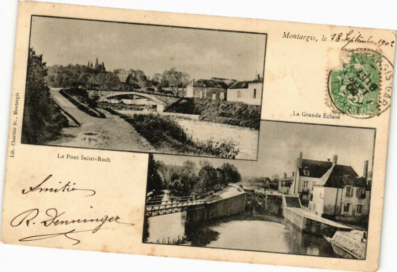 Carte postale ancienne Montargis le 18 Sept. 1902.. Le Pont-St-Roch - La Grande Ecluse à Montargis