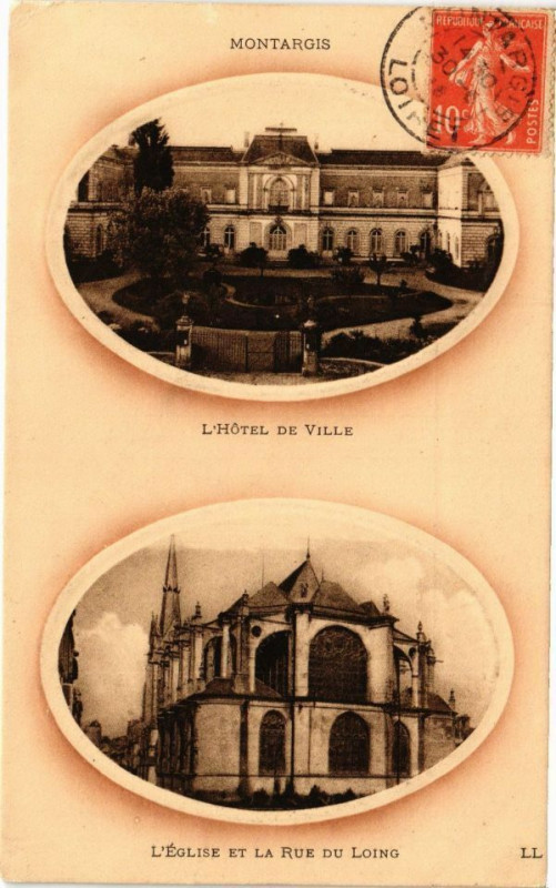 Carte postale ancienne Montargis - L'Hotel de Ville - L'Eglise et la Rue du Loing à Montargis