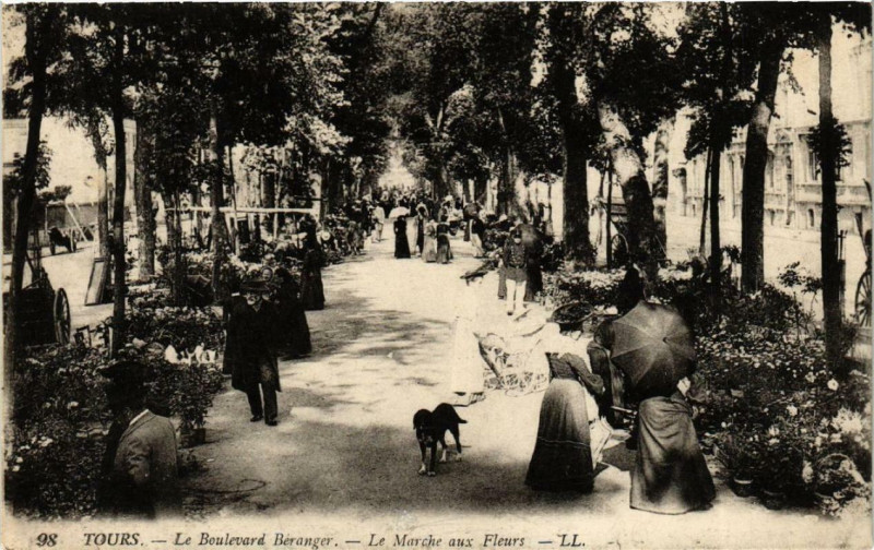 Carte postale ancienne Tours - Le Boulevard Béranger - Le Marché aux Fleurs à Tours