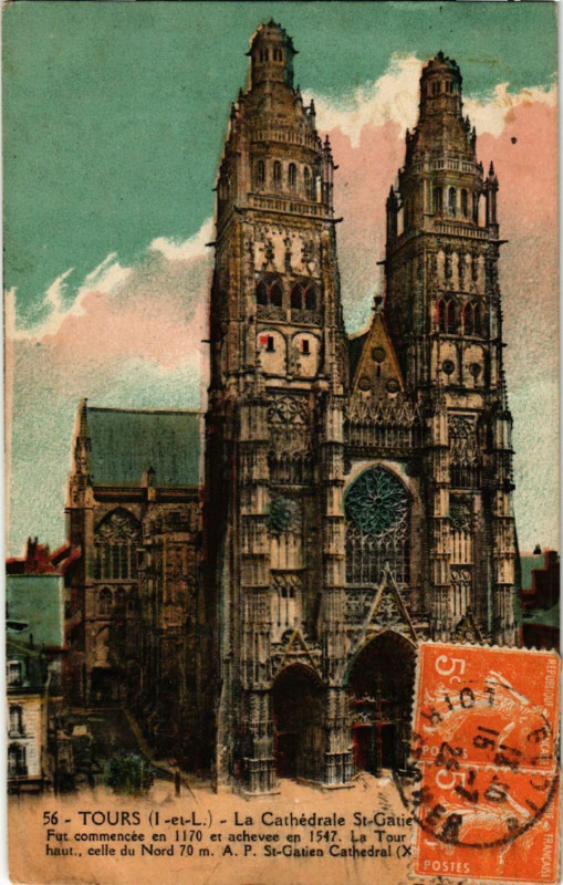 Carte postale ancienne Tours (I.-et-L.) - La Cathedrale St-Gatie -Fut commencee en 1170 à Tours