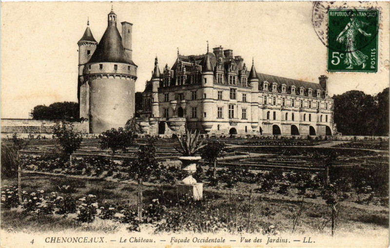 Carte postale ancienne Chenonceaux - Le Chateau - Facade Occidentale - Vue des Jardins à Chenonceaux