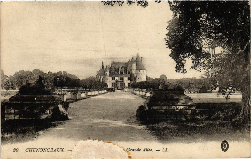 Carte postale ancienne Chenonceaux - L'Entrée principale - La Grande Allée à Chenonceaux