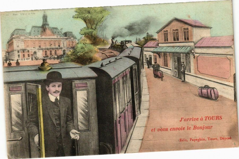 Carte postale ancienne J'arrive a Tours et vous envoie le Bonjour à Tours