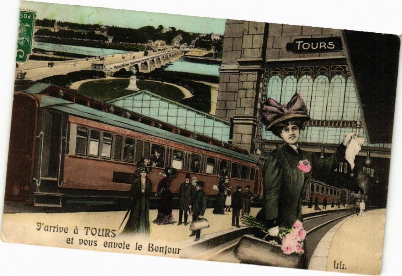Carte postale ancienne J'arrive a Tours et vous envoie le Bonjour à Tours