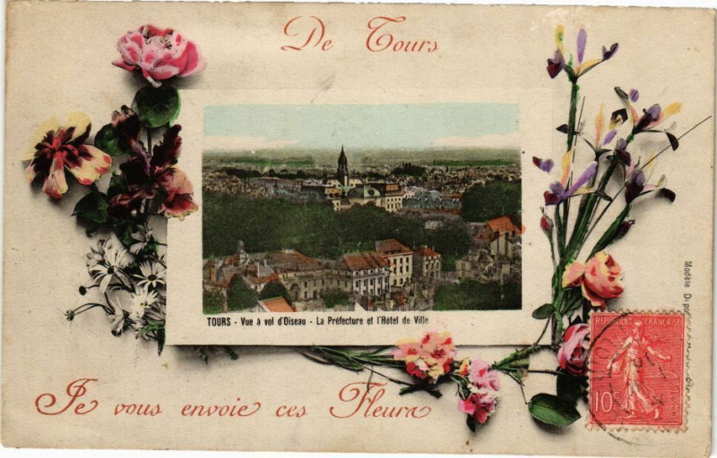 Carte postale ancienne De Tours je vous envoie ces fleurs à Tours