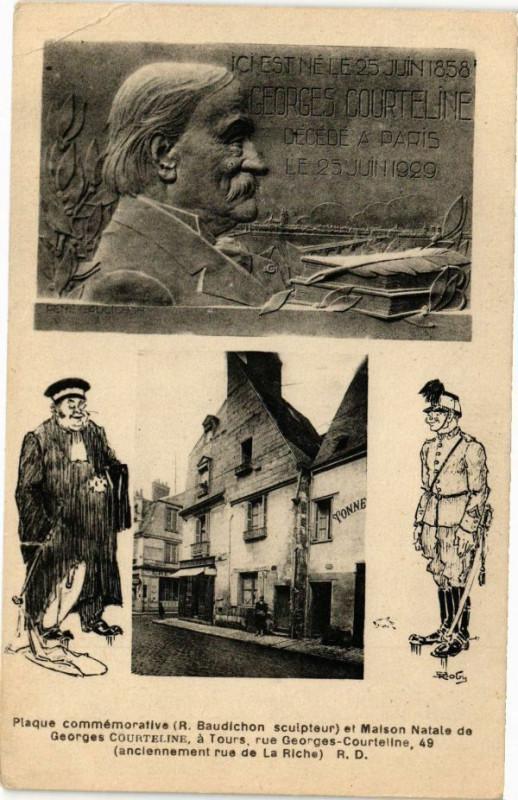 Carte postale ancienne Plaque commémorative et Maison Natale de Georges Courteline-Tours à Tours