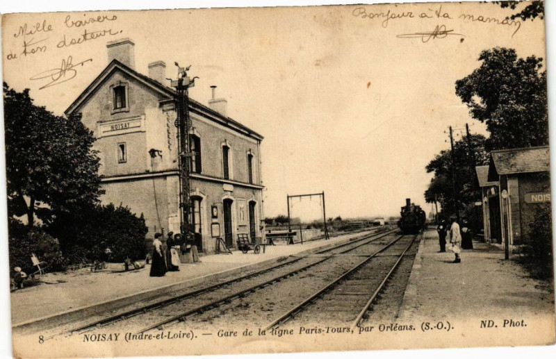 Carte postale ancienne Noisay - Gare e la ligne Paris-Tours par Orléans à Tours