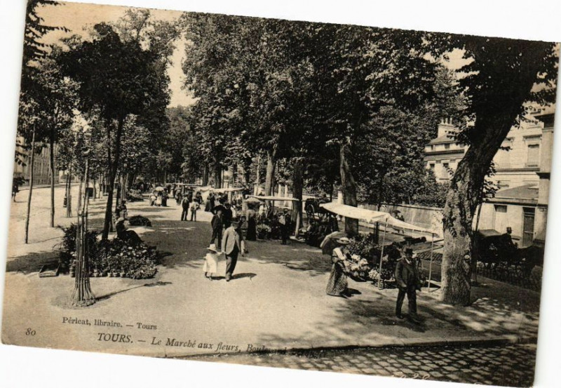 Carte postale ancienne Tours - Le Marché aux fleurs Boulevard Bérangée à Tours