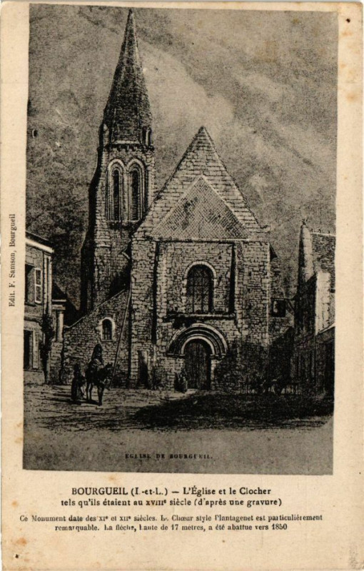 Carte postale ancienne Bourgueil - L'Eglise et le Clocher teis qu'ils-étaient à Bourgueil