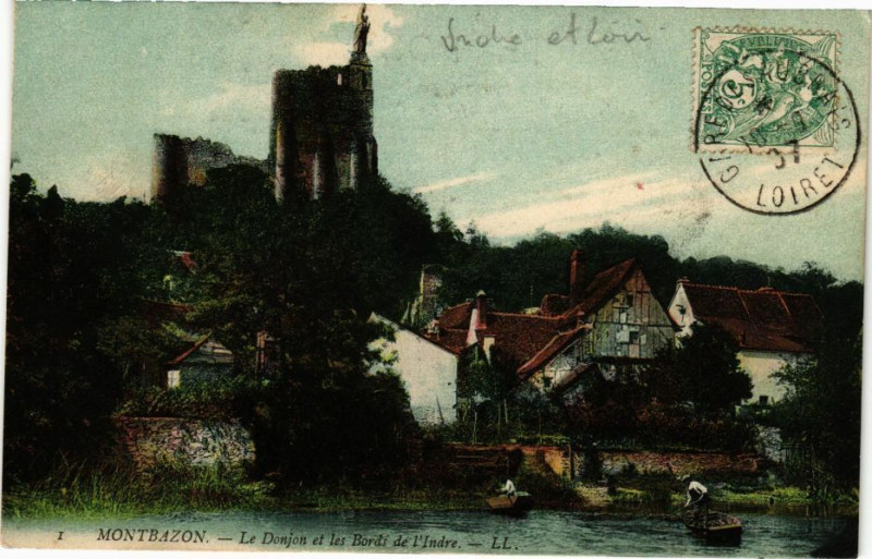 Carte postale ancienne Montbazon - Le Donjon et les Bords de l'Indre à Montbazon