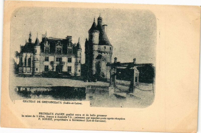 Carte postale ancienne Chateau de Chenonceaux - Pruneaux d'Agen qualité... à Chenonceaux