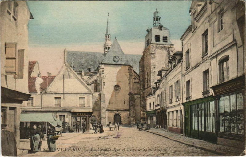 Carte postale ancienne Nogent-le-Roi-La Grande Rue et l'Eglise Saint-Sulpice à Nogent-le-Roi