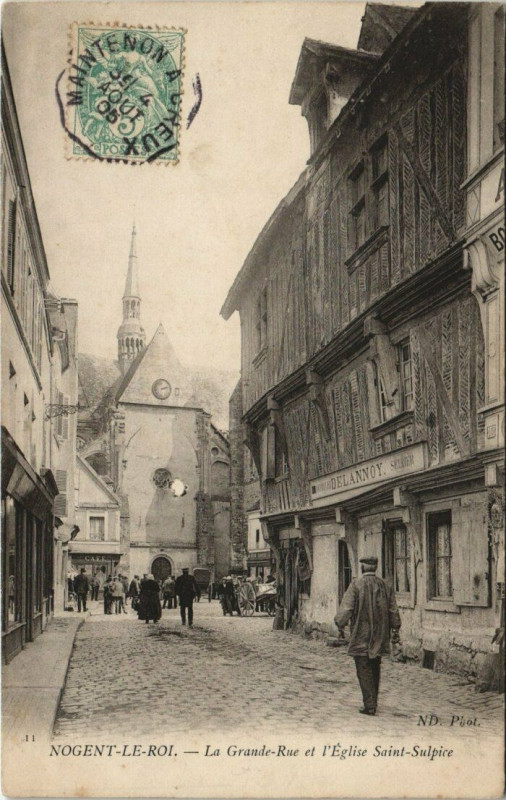 Carte postale ancienne Nogent-le-Roi-La Grande-Rue et I'Eglise Saint-Sulpice à Nogent-le-Roi