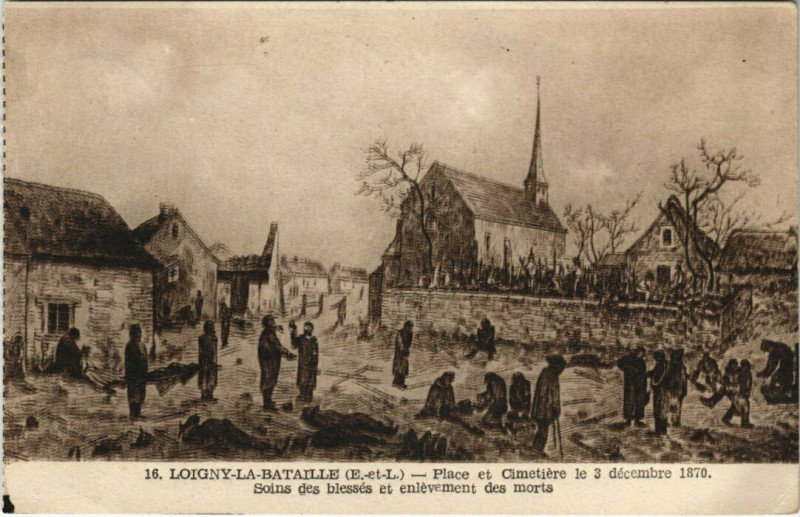 Carte postale ancienne Loigny-la-Bataille - Place et Cimetiere le 3 decembre 1870 à Loigny-la-Bataille