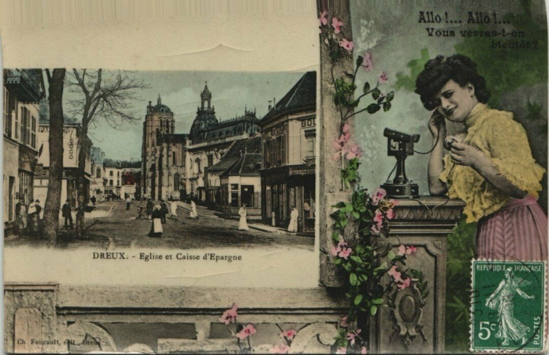 Carte postale ancienne Dreux - Eglise et Caisse d'Epargne à Dreux
