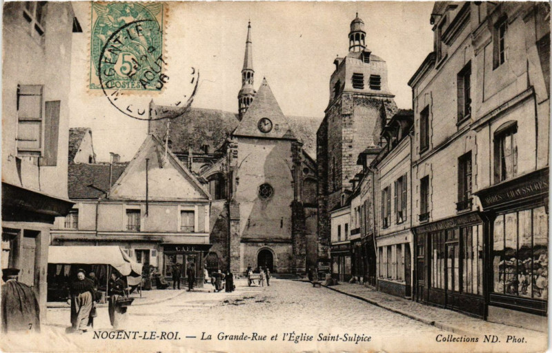 Carte postale ancienne Nogent-le-Roi - La Grande-Rue et l'Eglise St-Sulpice à Nogent-le-Roi