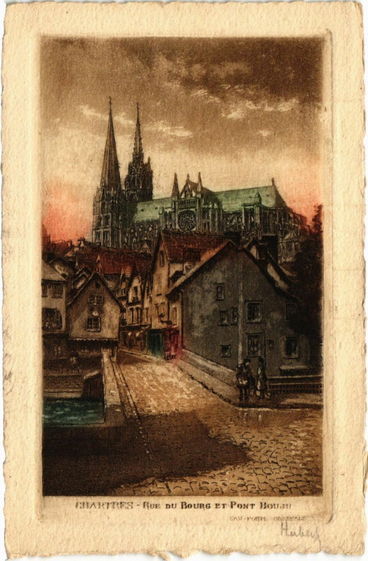 Carte postale ancienne Chartres - Rue du Bourg et Pont Bou à Chartres