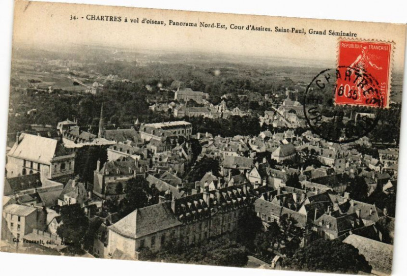 Carte postale ancienne Chartres a vol d'oiseau Panorama Nord-Est Cour d'Assises à Chartres