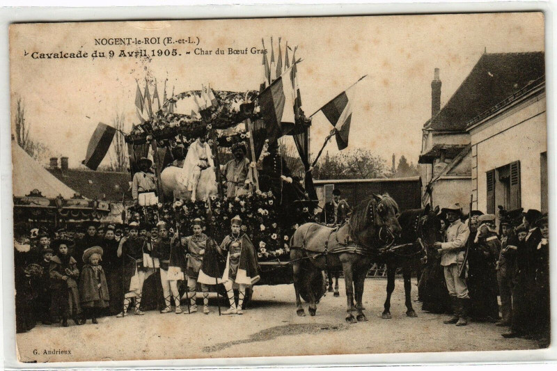 Carte postale ancienne Nogent-le-Roi - Cavalcade du 9 Avril 1905 - char du Boeuf Gras à Nogent-le-Roi