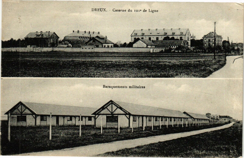 Carte postale ancienne Dreux-Caserne du 101e de Ligne-Baraquements militaires à Dreux