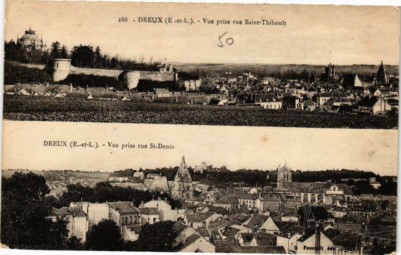 Carte postale ancienne Dreux - Vue prise rue St-Thibault .rue St-Denis à Dreux
