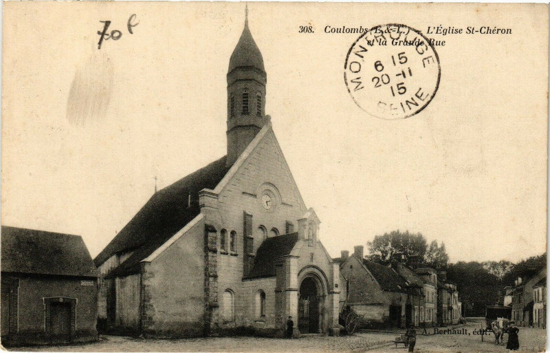 Carte postale ancienne Coulombs-L'Eglise St-Cheron et-la-Grande Rue à Coulombs