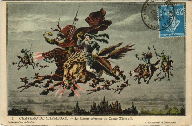 Carte postale ancienne Chateau de Chambord-La Chasse aerienne du Comte Thibault à Chambord