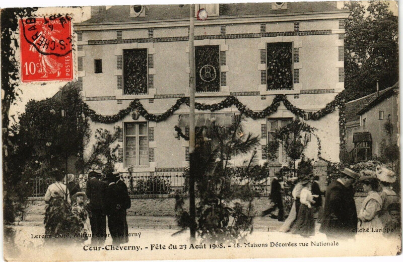 Carte postale ancienne Ceur-Cheverny - Fete du 23 Aout 1908 - Maisons Decorées rue à Cheverny