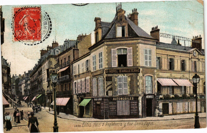 Carte postale ancienne Blois - Hotel d'Angleterre & Rue Denis Papin à Blois