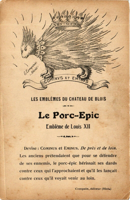 Carte postale ancienne Les Emblemes du Chateau de Blois - Le Porc-Epic - Embleme de Louis à Blois