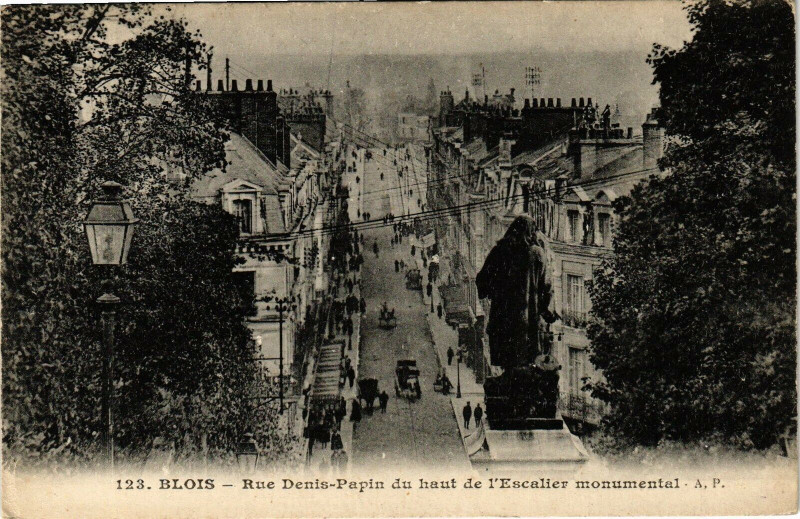 Carte postale ancienne Blois-Rue Denis Papin du haut de l'Escalier monumental à Blois
